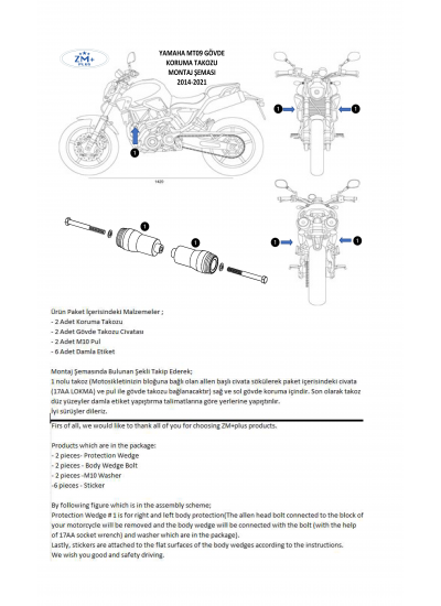 Yamaha MT09 FZ09 Koruma Takozu Gövde Koruma
