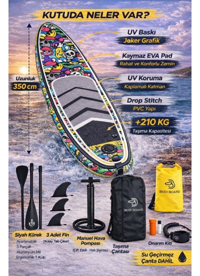 Paddle Board Sup Bodi Emoji Head Şişme Stand 350x84x15cm Full Set Hediyeli