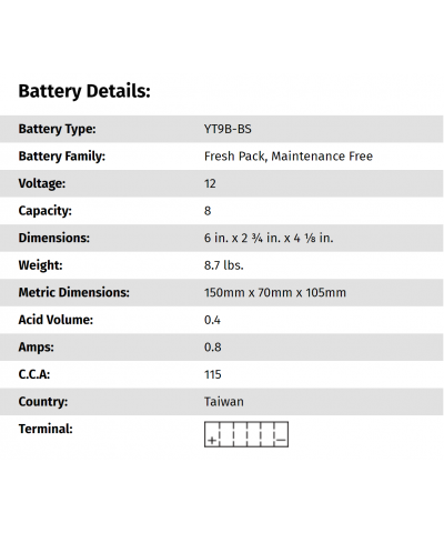 YUASA YT9B-BS Motosiklet Aküsü Uyum Listesi Açıklamada