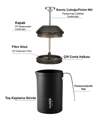 Alocs Paslanmaz Çelik French Press 600 ML