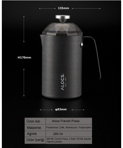 Alocs Paslanmaz Çelik French Press 600 ML